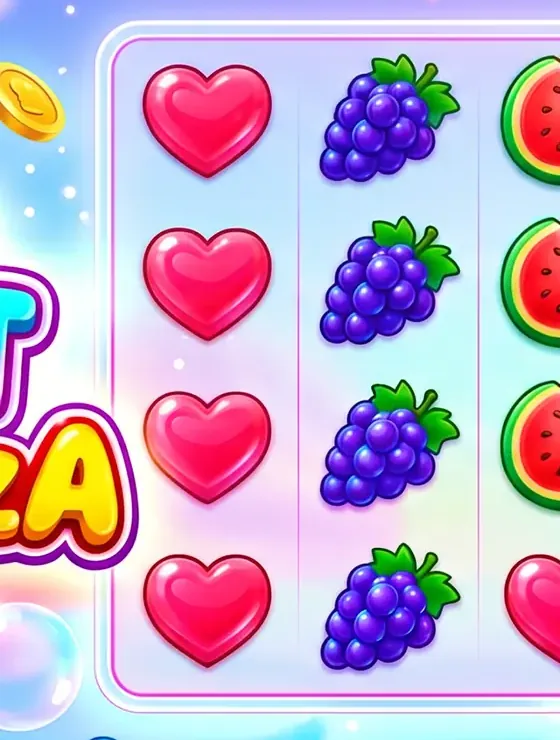 Sweet Bonanza 1000 board filled with jelly hearts, grapes, watermelon slices and apples