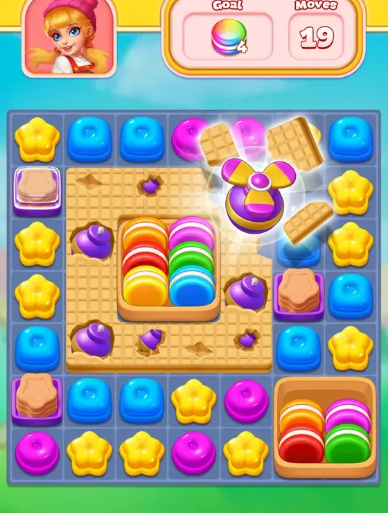 Sweet Candy Puzzle level with a move counter, goal panel and layered wooden obstacles on the board