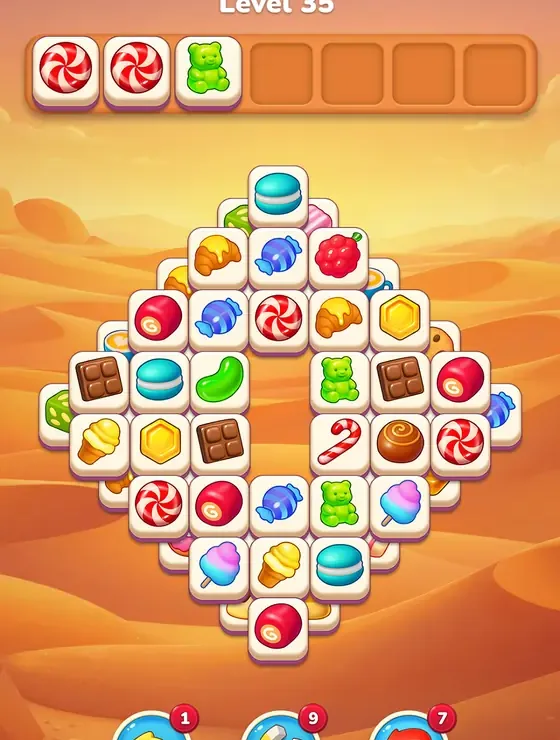Tile Candy stage thirty-five with a stacked candy pile above a seven-slot tray